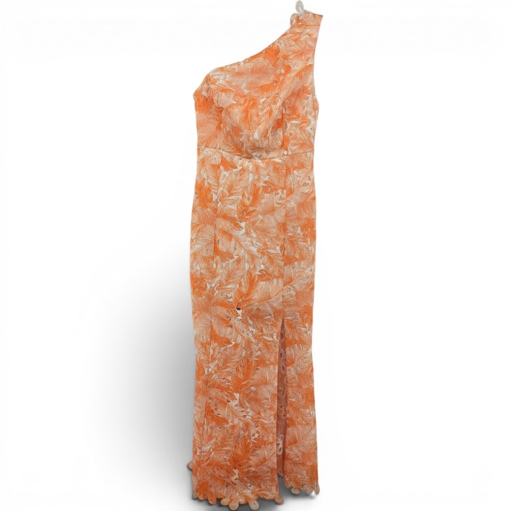 All About May Dress Womens 6 Orange Krestra One Shoulder Floral Lace Midi Slit